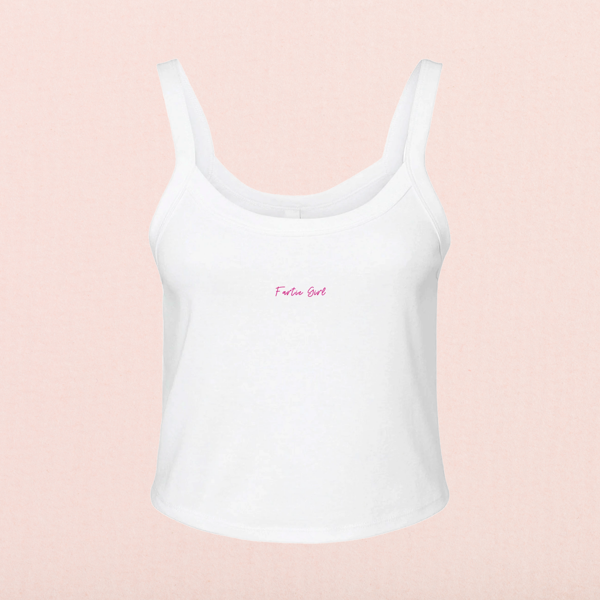 Front view of white ribbed cropped tank with playful “Fartie Girl” text—your go-to summer tank for laughs, brunches, and bold vibes.