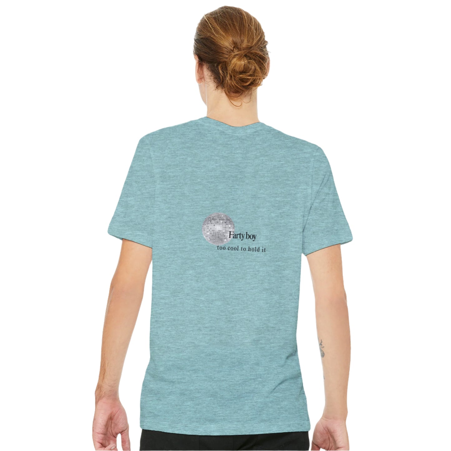Farty Boy Tee in Heather Ice Blue with disco ball and ‘too cool to hold it’ back print — playful cheeky minimalist t-shirt from The F.Art Club.