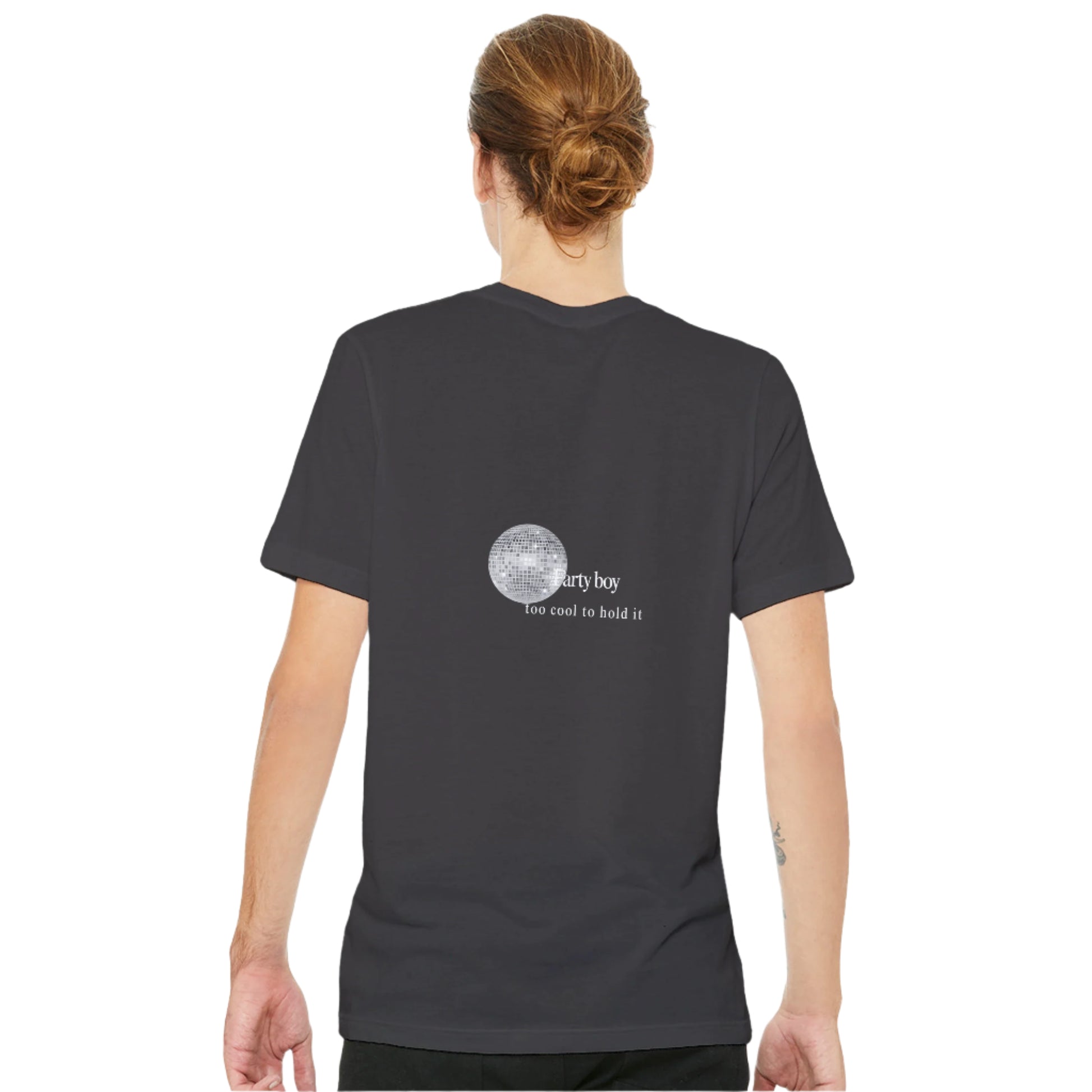 Farty Boy Tee in vintage black with disco ball and ‘too cool to hold it’ back design — minimalist cheeky t-shirt.