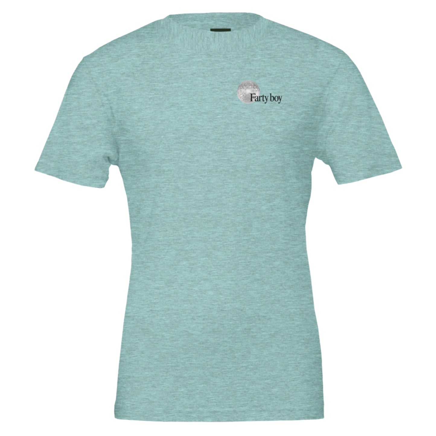 Farty Boy Tee in Heather Ice Blue with disco ball front logo — playful minimalist graphic tee from The F.Art Club.