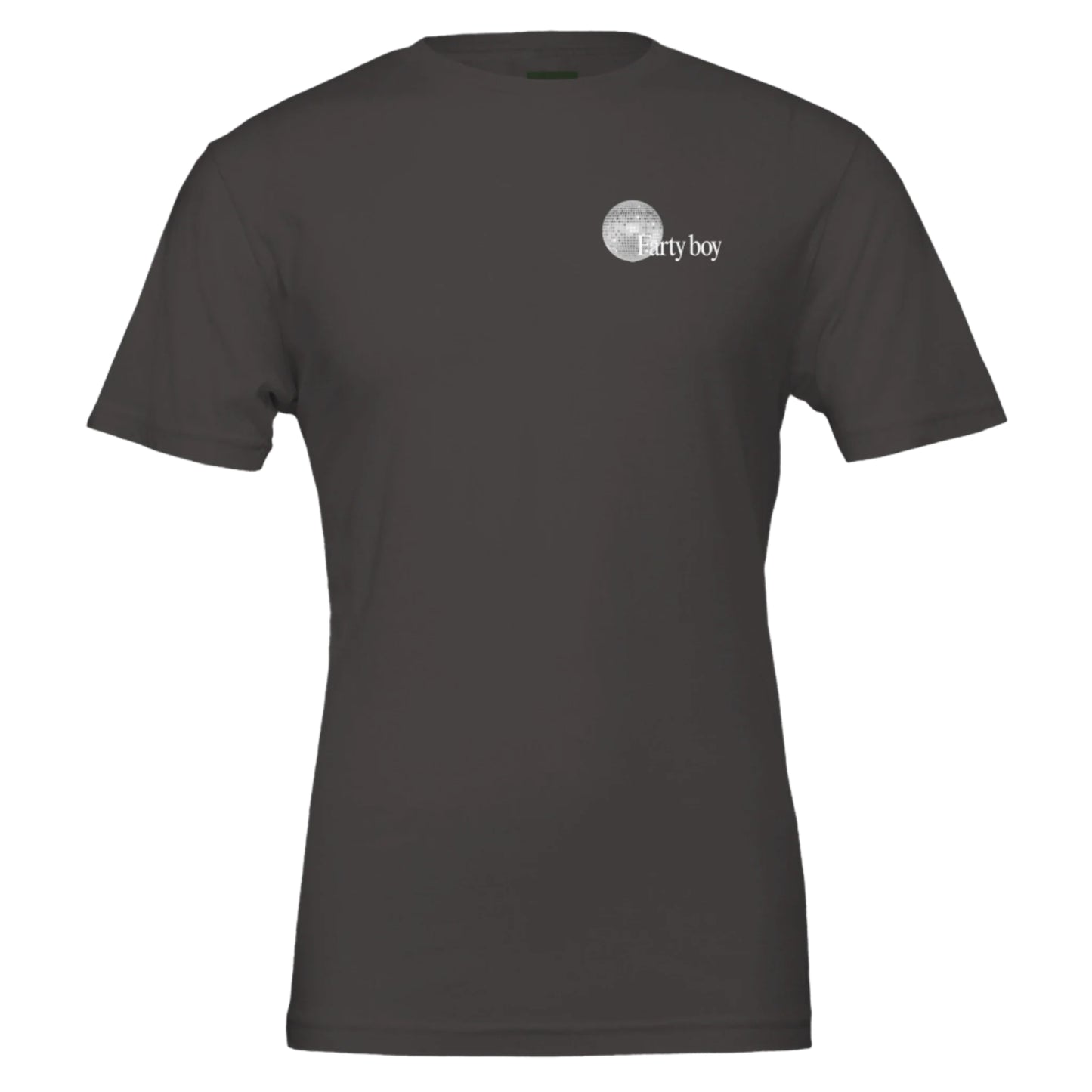 “Farty Boy Tee in vintage black with disco ball logo, front view — funny ironic graphic tee from The F.Art Club.”
