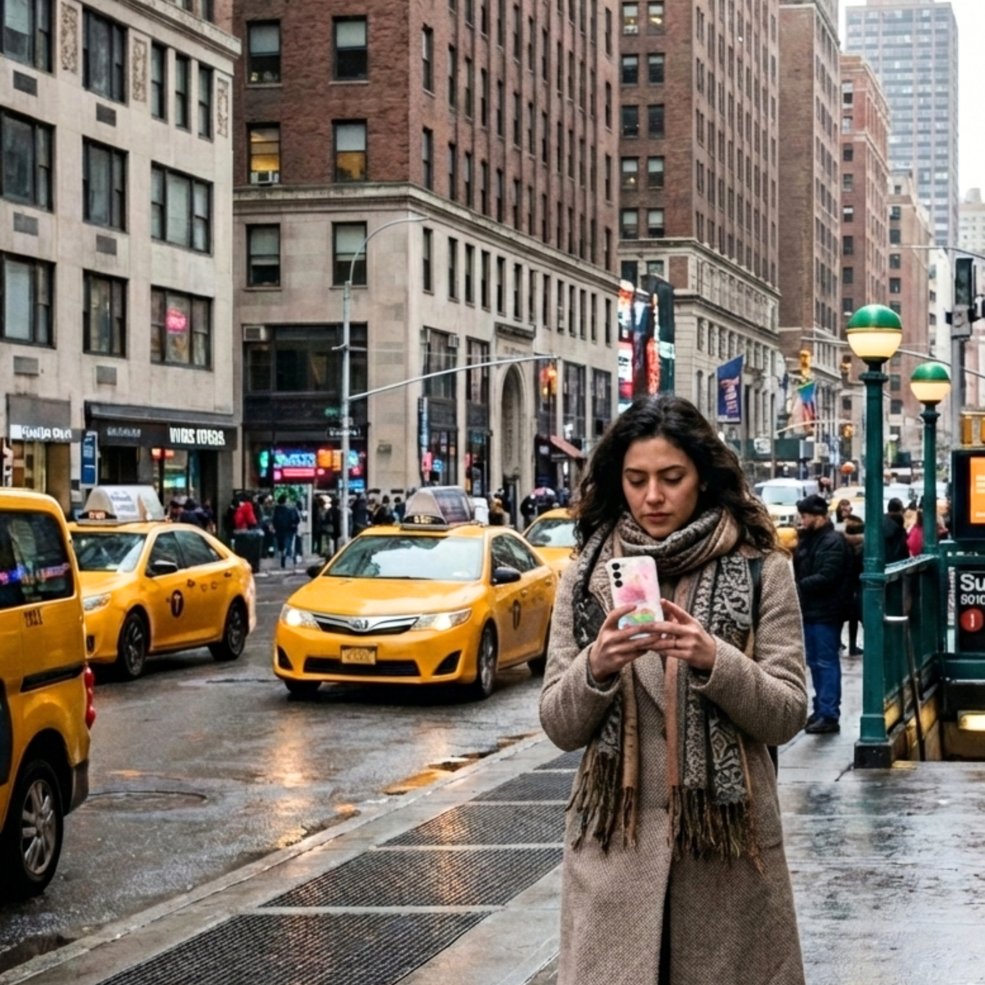 Person using a frosted floral Samsung phone case while walking on a city street