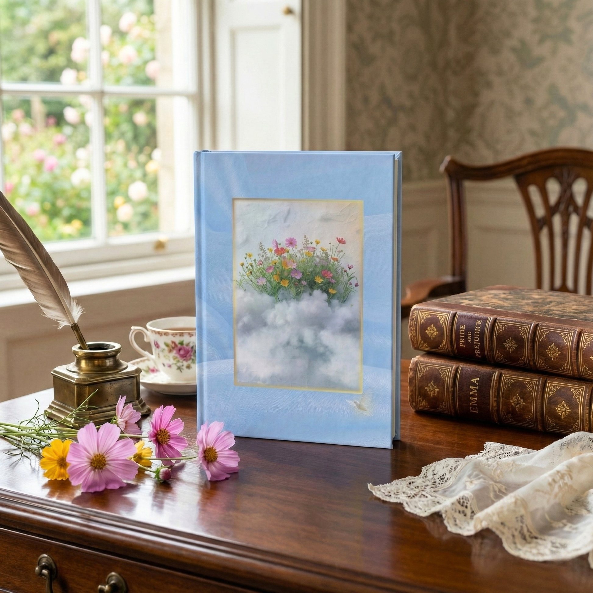 Garden of Dreams hardcover journal displayed on a wooden desk with classic novels, flowers, and a teacup, inspired by literary traditions, slow living, and poetic reflection.
