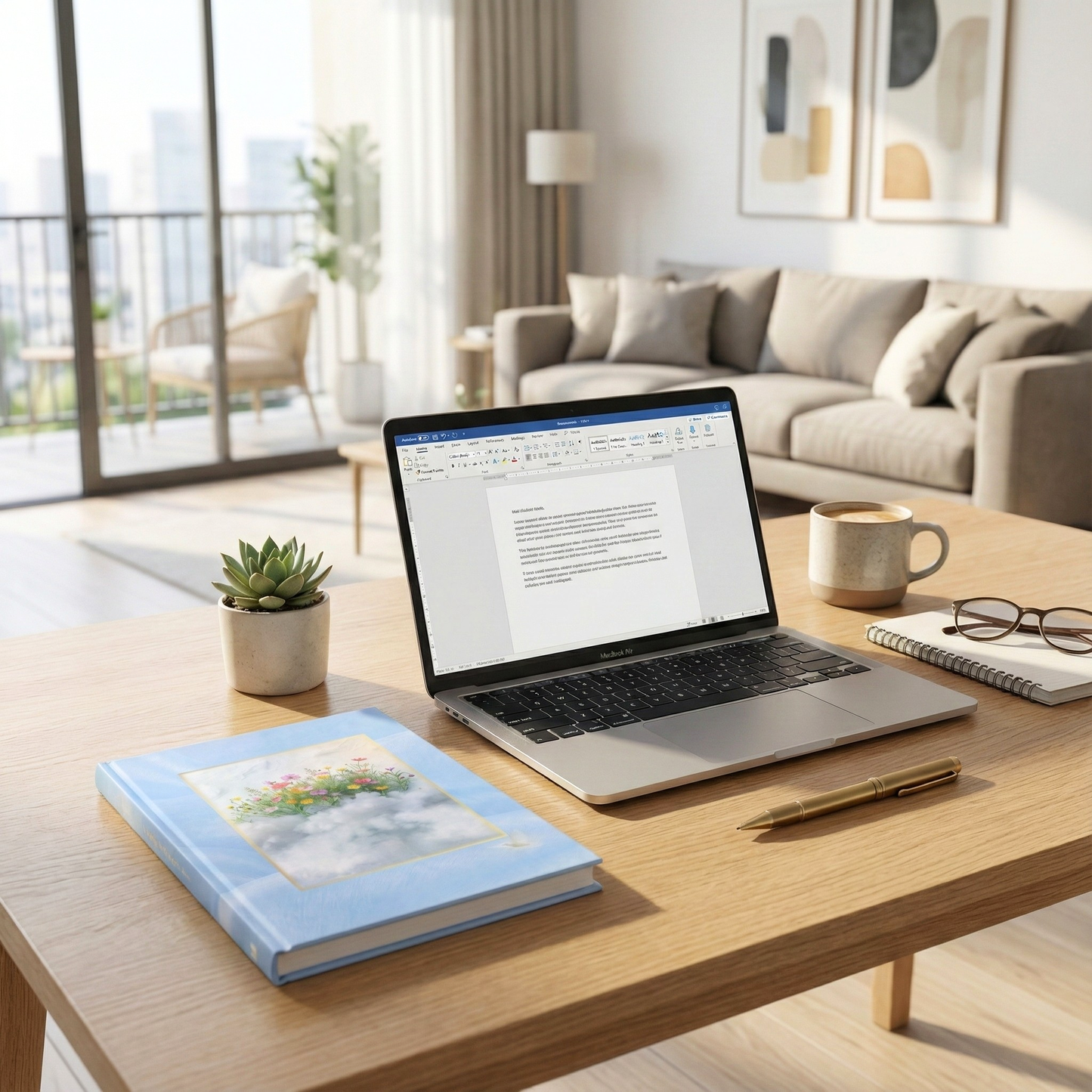 Garden of Dreams hardcover notebook resting on a modern desk beside a laptop and coffee mug, blending poetic stationery with contemporary slow living and mindful creativity.