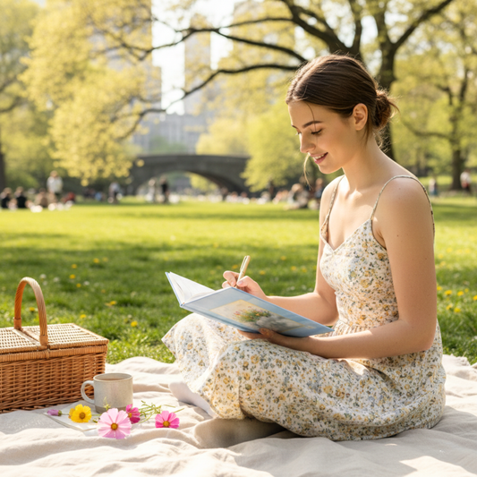 Woman journaling outdoors on a blanket in a sunlit park, writing in the Garden of Dreams hardcover notebook surrounded by spring flowers, conveying poetic living and quiet inspiration.