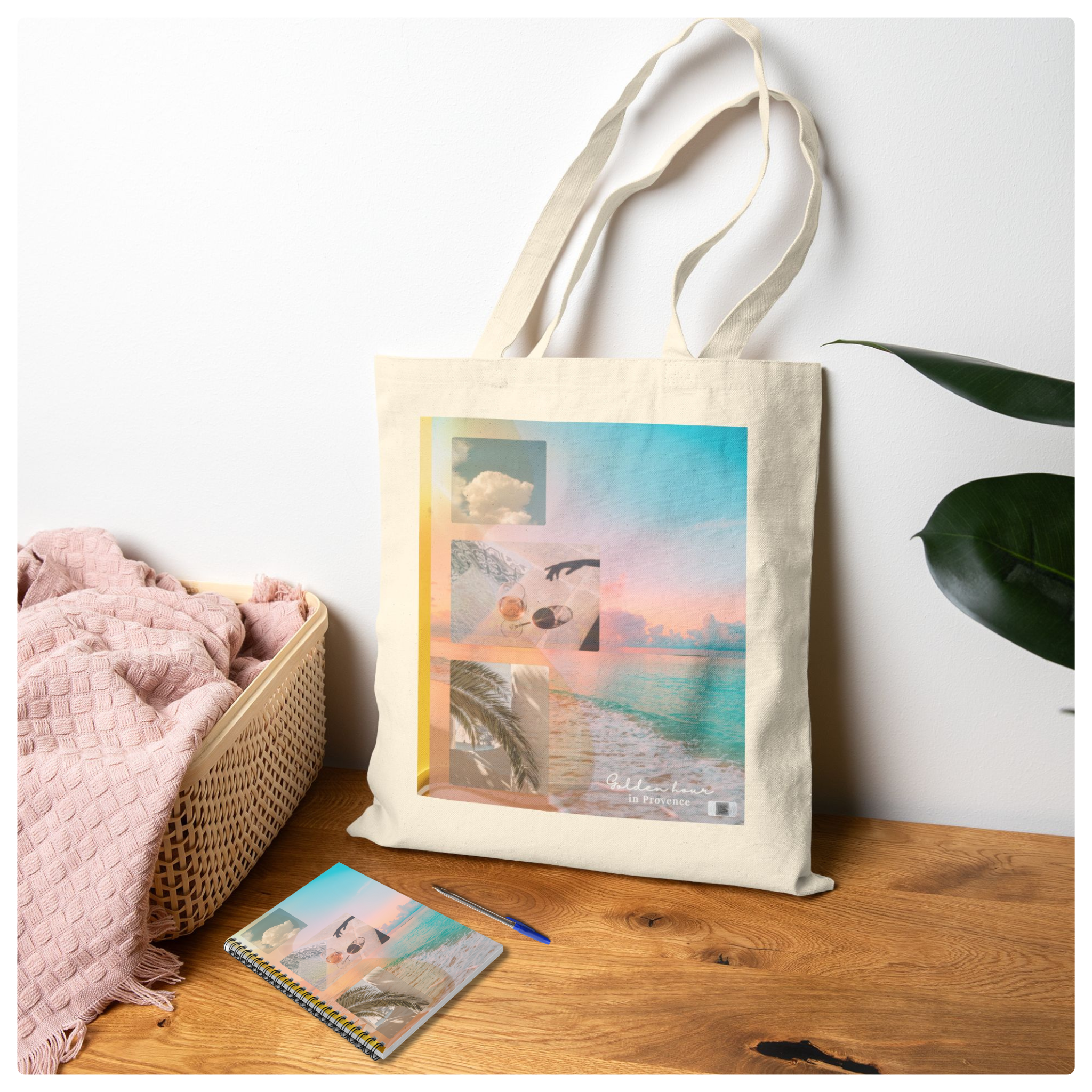 A cotton tote bag and matching vacation journal from the Golden Escape Kit, styled in a soft, minimalist lifestyle flat lay with a Provence vibe.