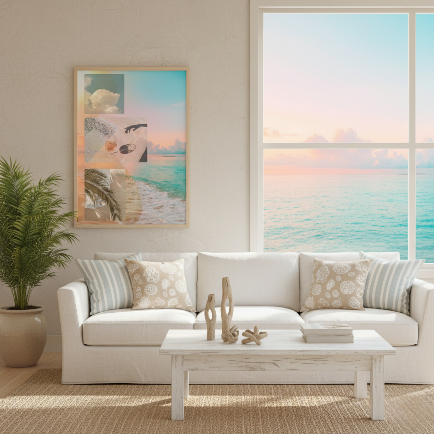 Golden Reverie wall art displayed in a bright coastal living room with a white sofa, natural textures, and soft pastel ocean light, creating a calm, sunlit interior inspired by slow living and serene summer mornings.
