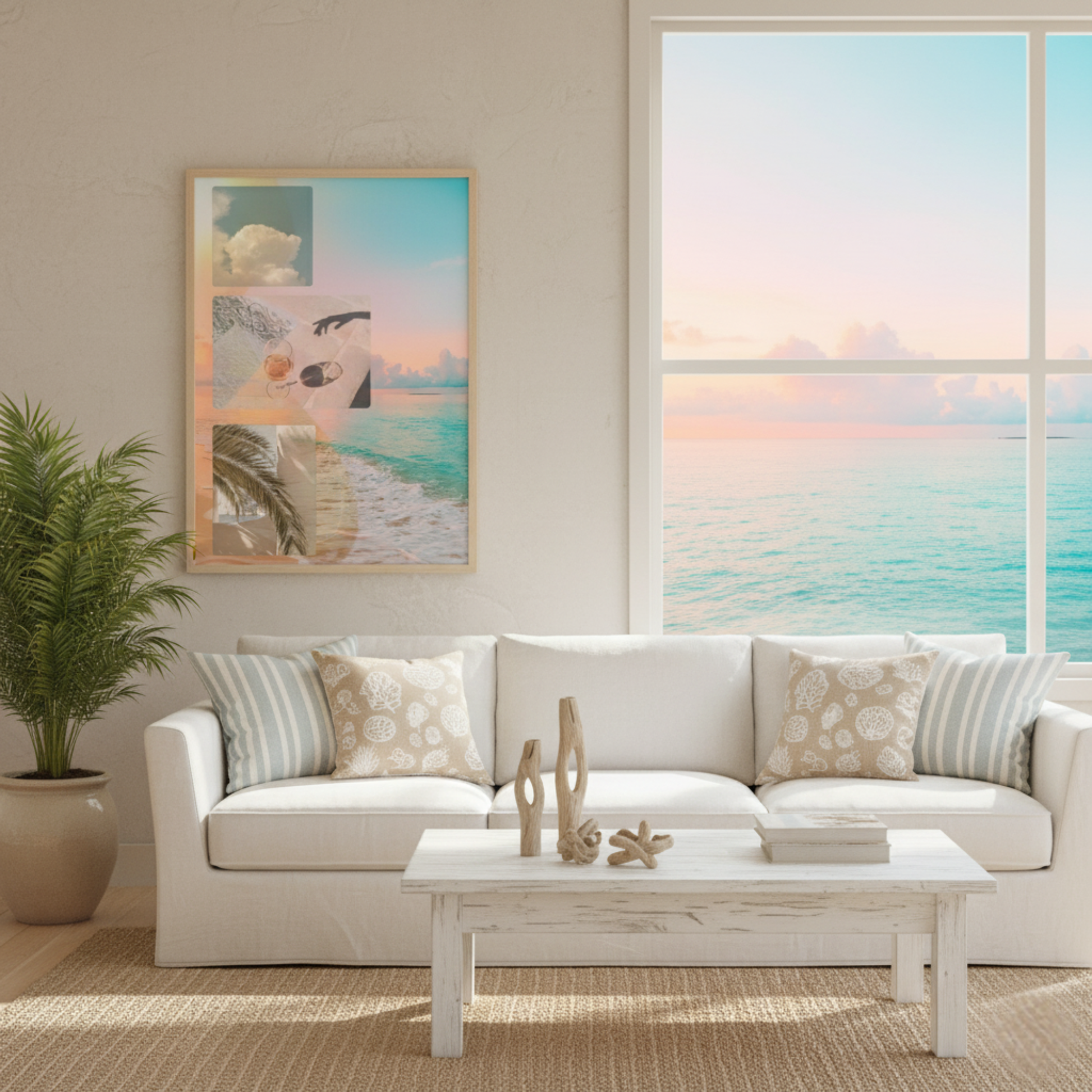 Golden Reverie wall art displayed in a bright coastal living room with a white sofa, natural textures, and soft pastel ocean light, creating a calm, sunlit interior inspired by slow living and serene summer mornings.
