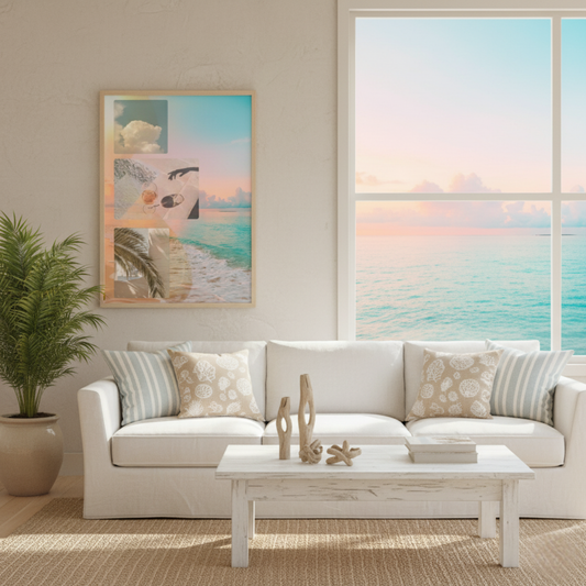 Golden Reverie wall art displayed in a bright coastal living room with a white sofa, natural textures, and soft pastel ocean light, creating a calm, sunlit interior inspired by slow living and serene summer mornings.
