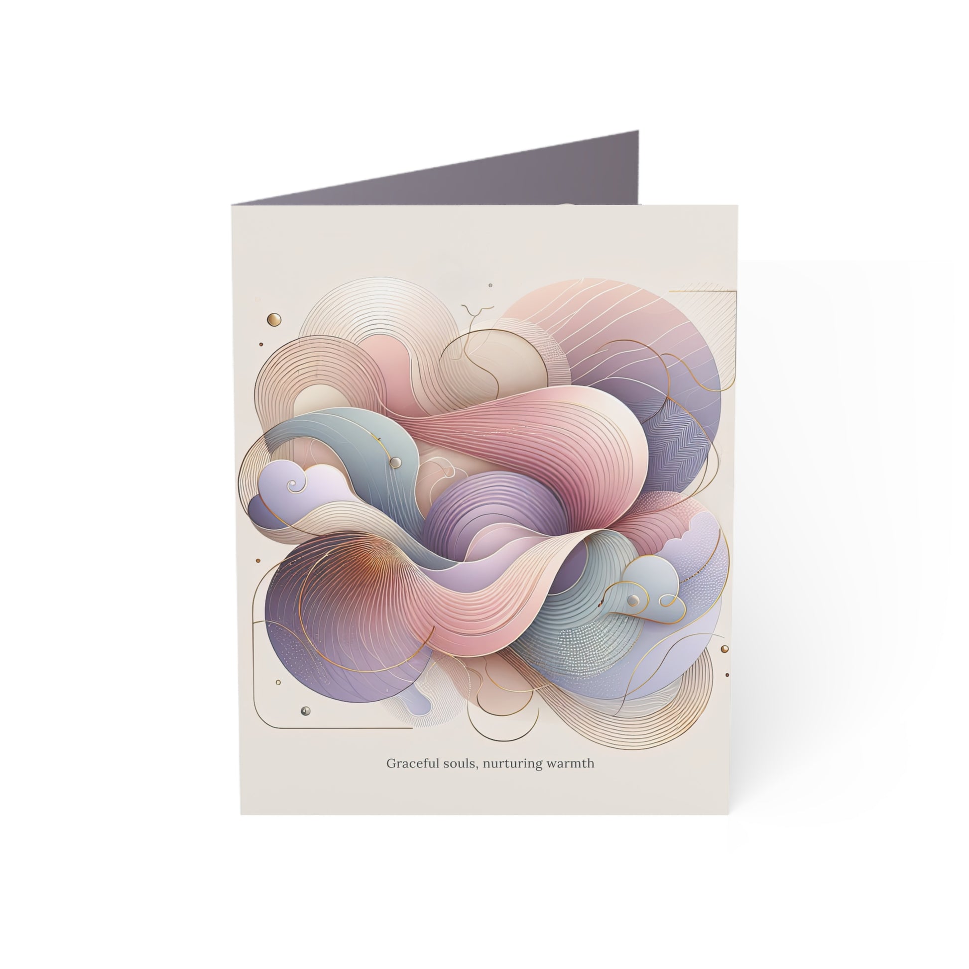 Front of the Graceful Souls art card featuring a flowing abstract design in soft pinks, blues, and golds, with the quote “Graceful souls, nurturing warmth.
