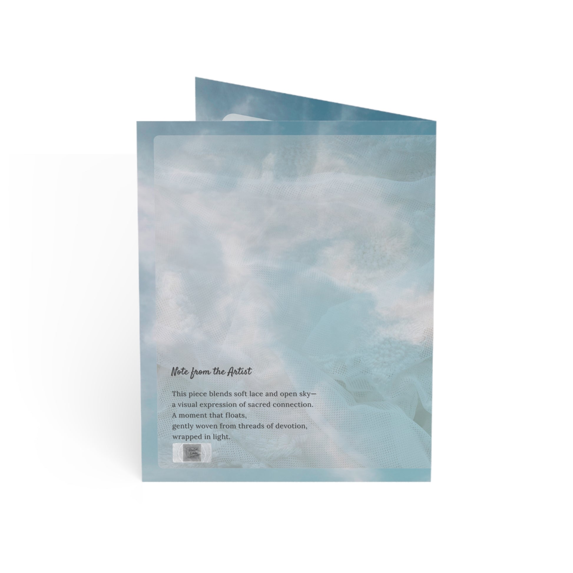 Back of the Held in Lightness wedding card featuring the artist’s note over a dreamy lace and sky background. A poetic tribute to sacred connection, devotion, and light.
