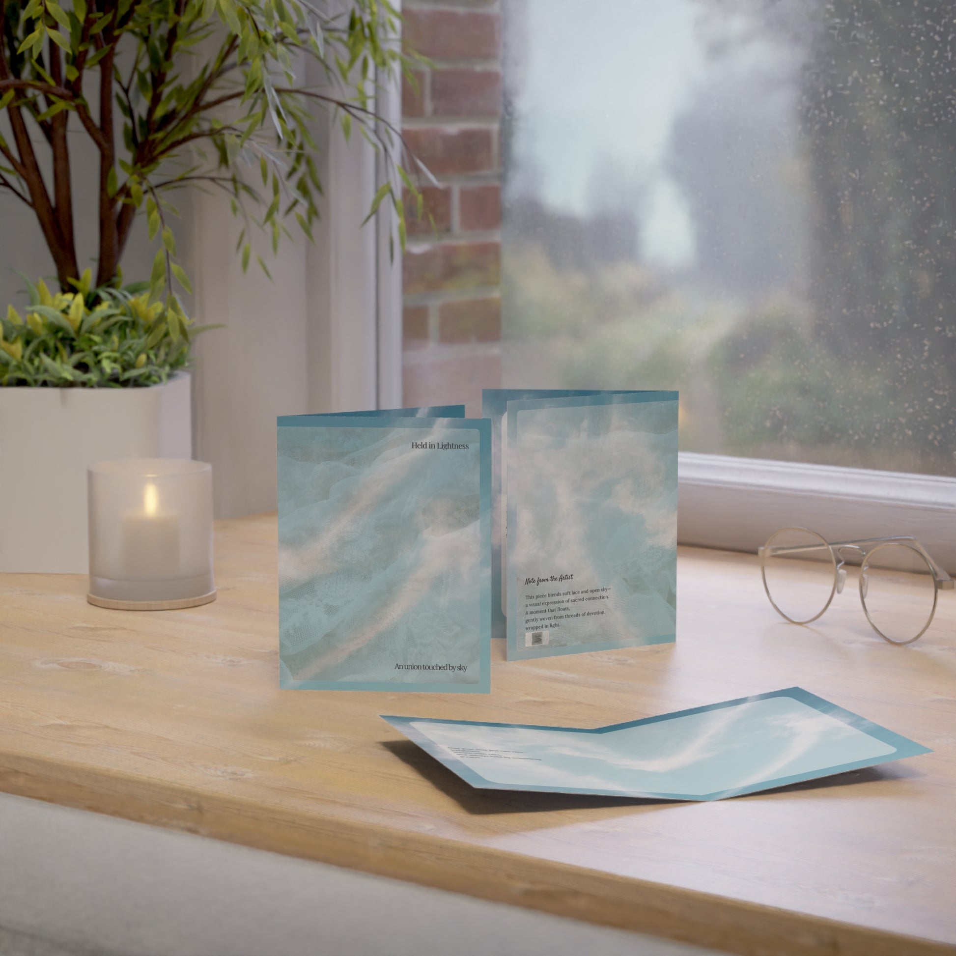Lifestyle image of the Held in Lightness wedding art card displayed near a window with soft natural light, a candle, and a peaceful atmosphere—capturing the card’s ethereal and serene tone.