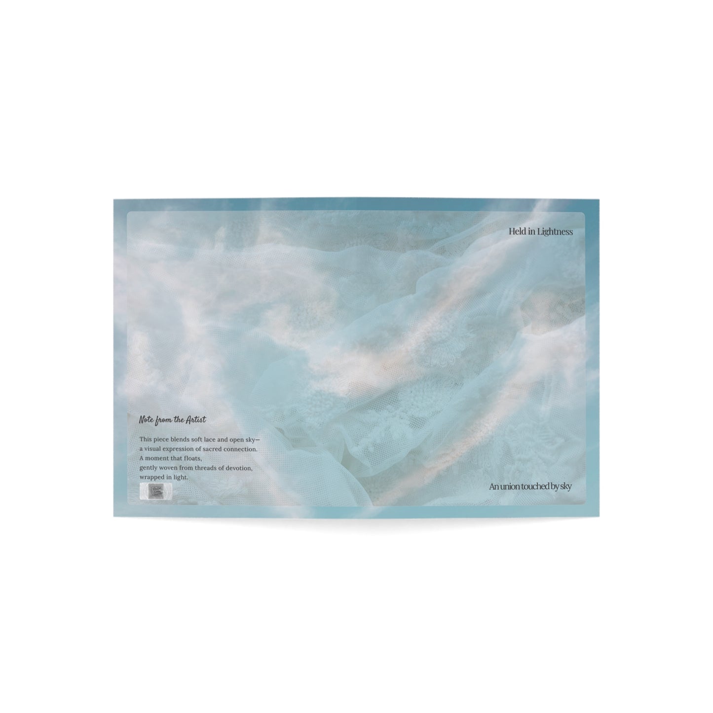 Open cover of the Held in Lightness wedding art card, featuring soft lace over a blue sky. A poetic blend of texture and tranquility, designed to honor sacred connection.
