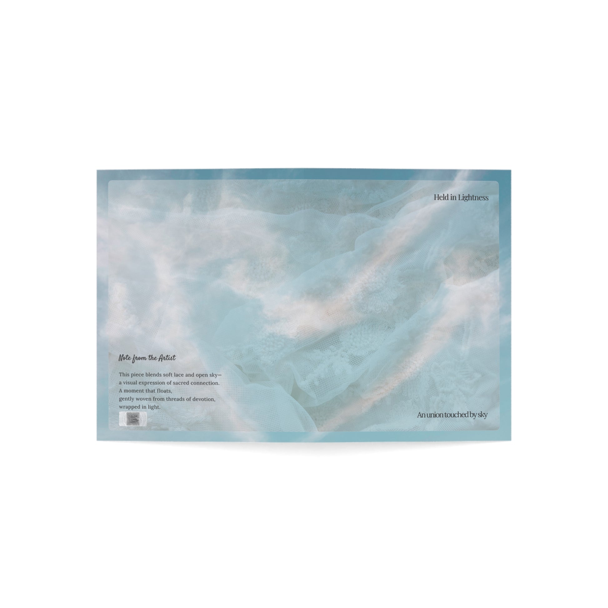 Open cover of the Held in Lightness wedding art card, featuring soft lace over a blue sky. A poetic blend of texture and tranquility, designed to honor sacred connection.
