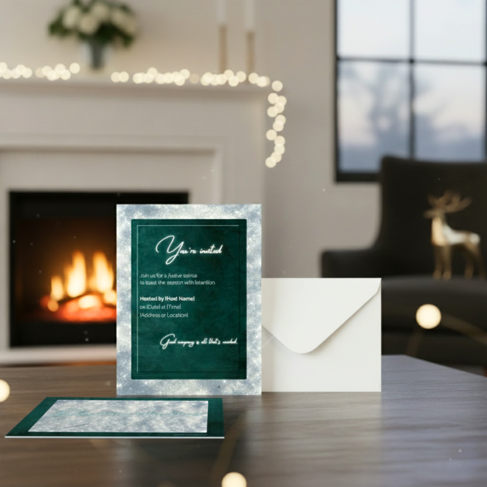 Elegant holiday soirée invitation with matching white envelope on wooden table – modern holiday stationery by Printed Echoes Creations.