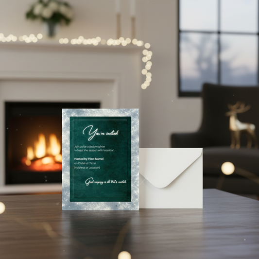 Holiday invitation card and envelope styled on table near a cozy fireplace – festive soirée invite by Printed Echoes Creations.