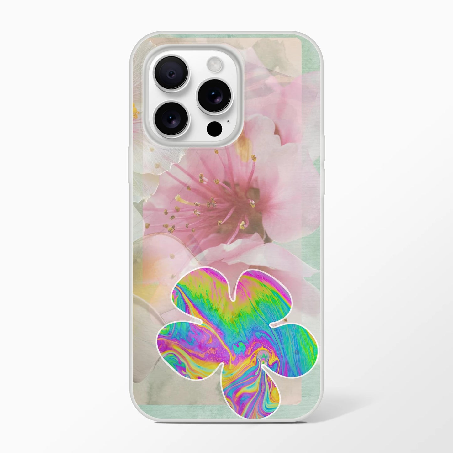 Close-up of an iPhone 14 Pro Max with a frosted transparent Flexi Case featuring a pink cherry blossom background and a bold, psychedelic rainbow flower. Printed Echoes Creations.