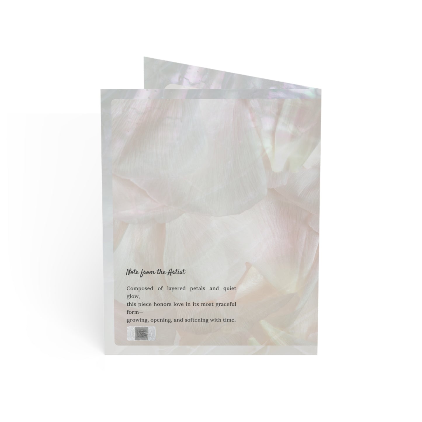 Back of the “In Bloom, Together” wedding card featuring a poetic note from the artist printed over soft petal textures. A thoughtful touch that honors graceful love and timeless connection, printed in a romantic, minimalist design.