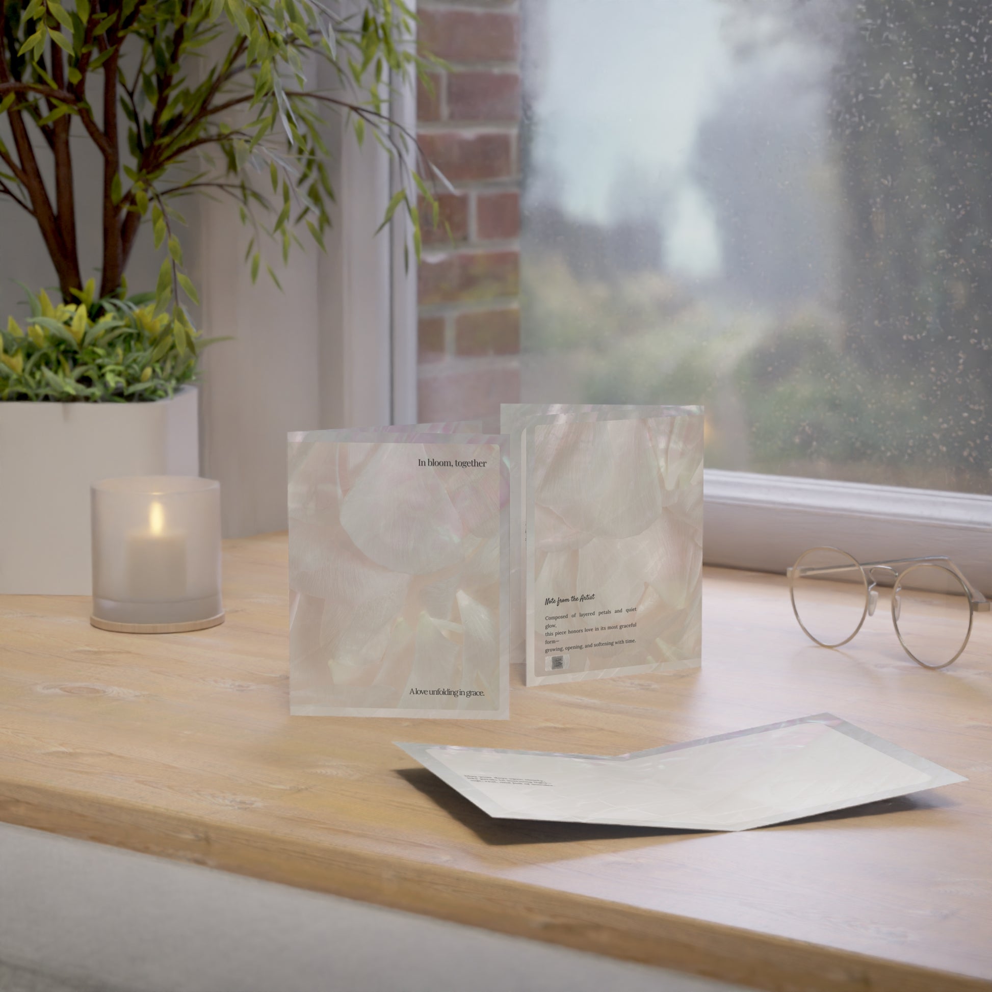 “In Bloom, Together” wedding or love card styled in a serene morning setting by a window. Surrounded by candlelight, soft lace textures, and a handwritten note, this image captures the card’s poetic essence and heartfelt presence—perfect for romantic gifting or meaningful celebrations.
