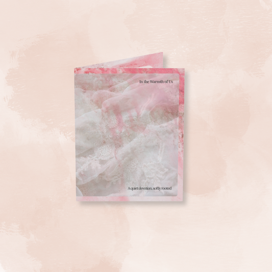 Minimalist wedding art card with soft lace texture and gentle pink tones, designed to celebrate quiet devotion and connection.