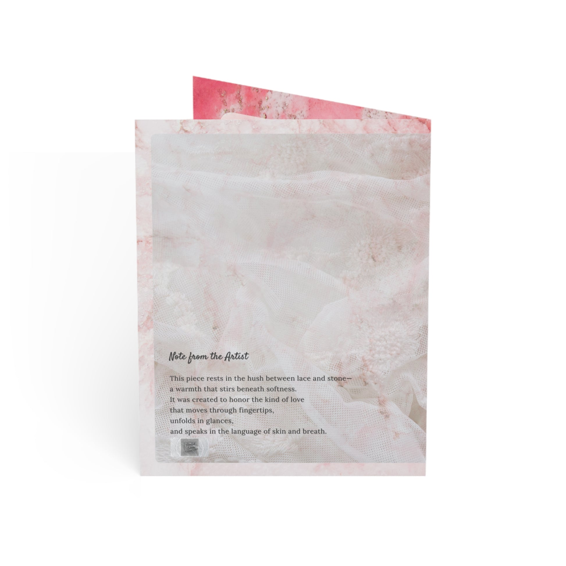 Back of “In the Warmth of Us” wedding card featuring a poetic note from the artist on a soft pink lace background. A minimalist and emotional keepsake art card.