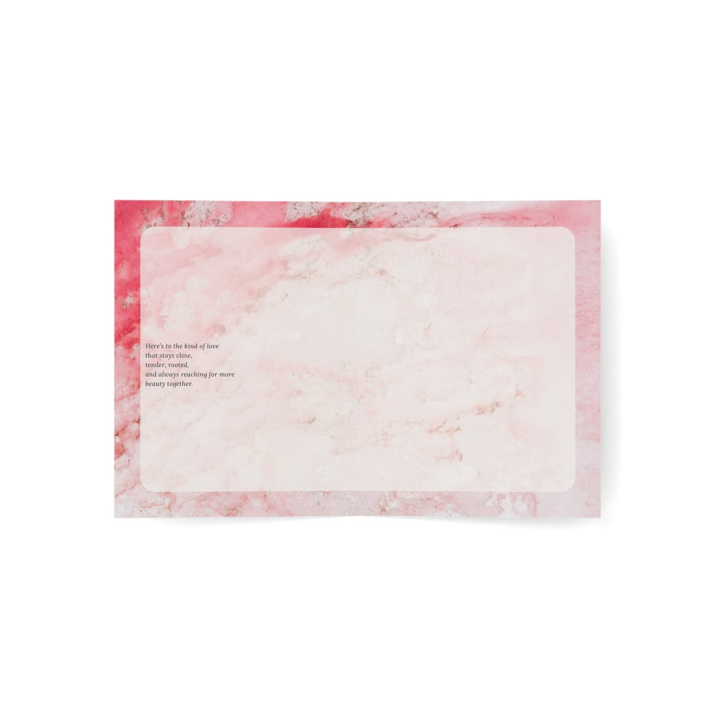 Inside view of “In the Warmth of Us” wedding card showing a heartfelt message on a pink marble-textured background. A sentimental, minimalist art card for weddings or anniversaries.