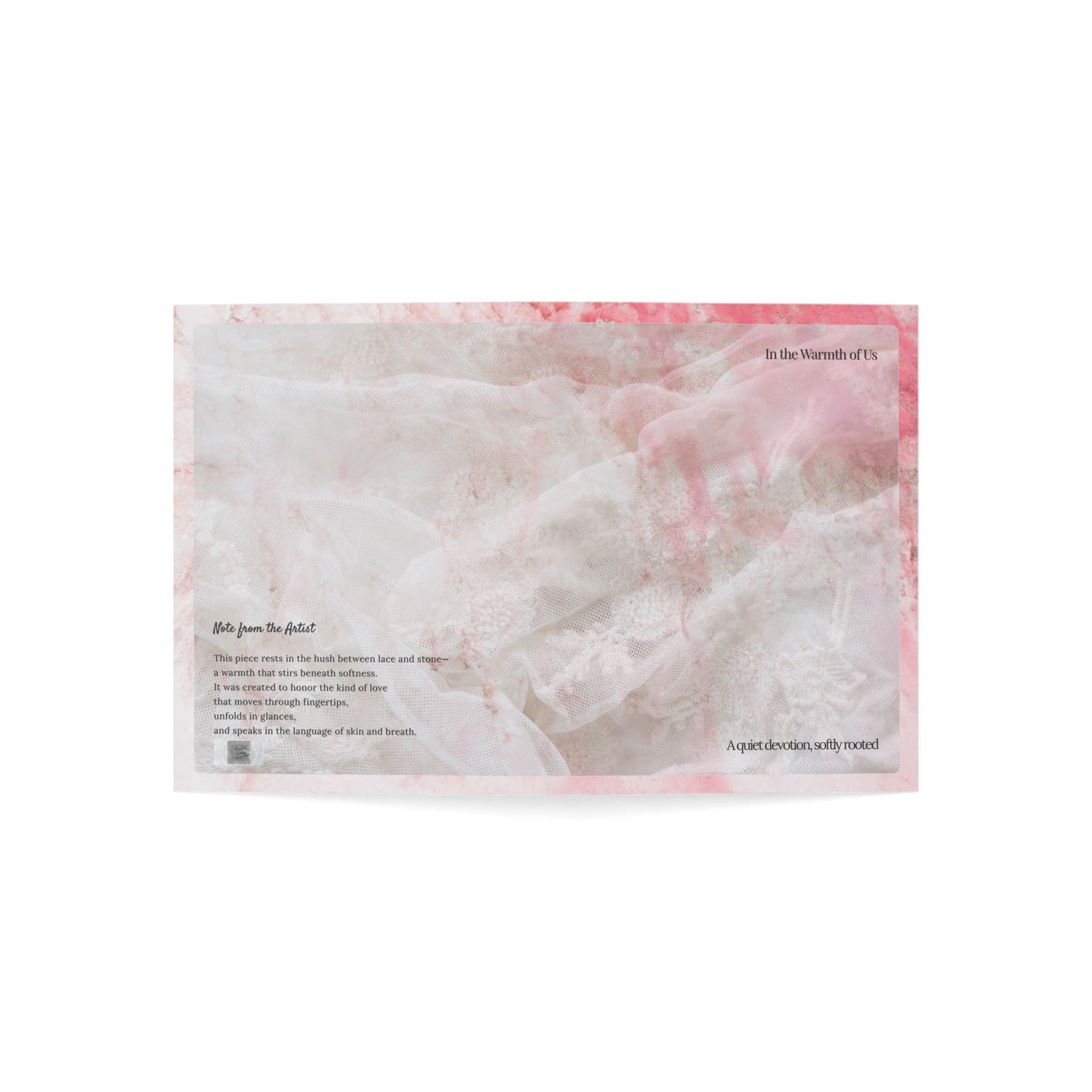 Open cover of the “In the Warmth of Us” wedding card showing lace texture over soft pink marble, with poetic text and elegant composition. A modern romantic art card.