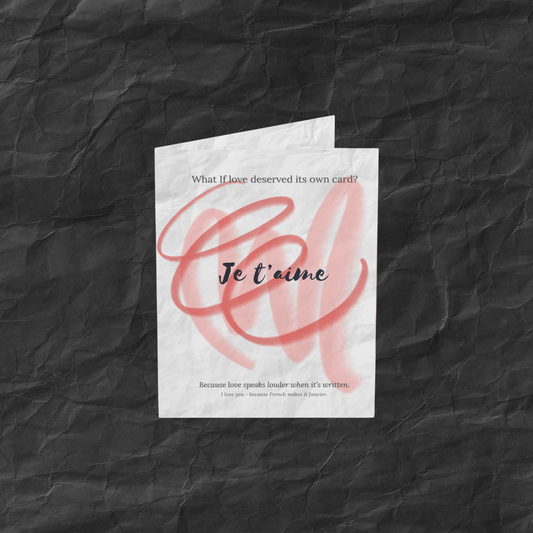 French love card featuring a soft Je t’aime with abstract pink swirls—perfect for heartfelt, everyday expressions of love.
