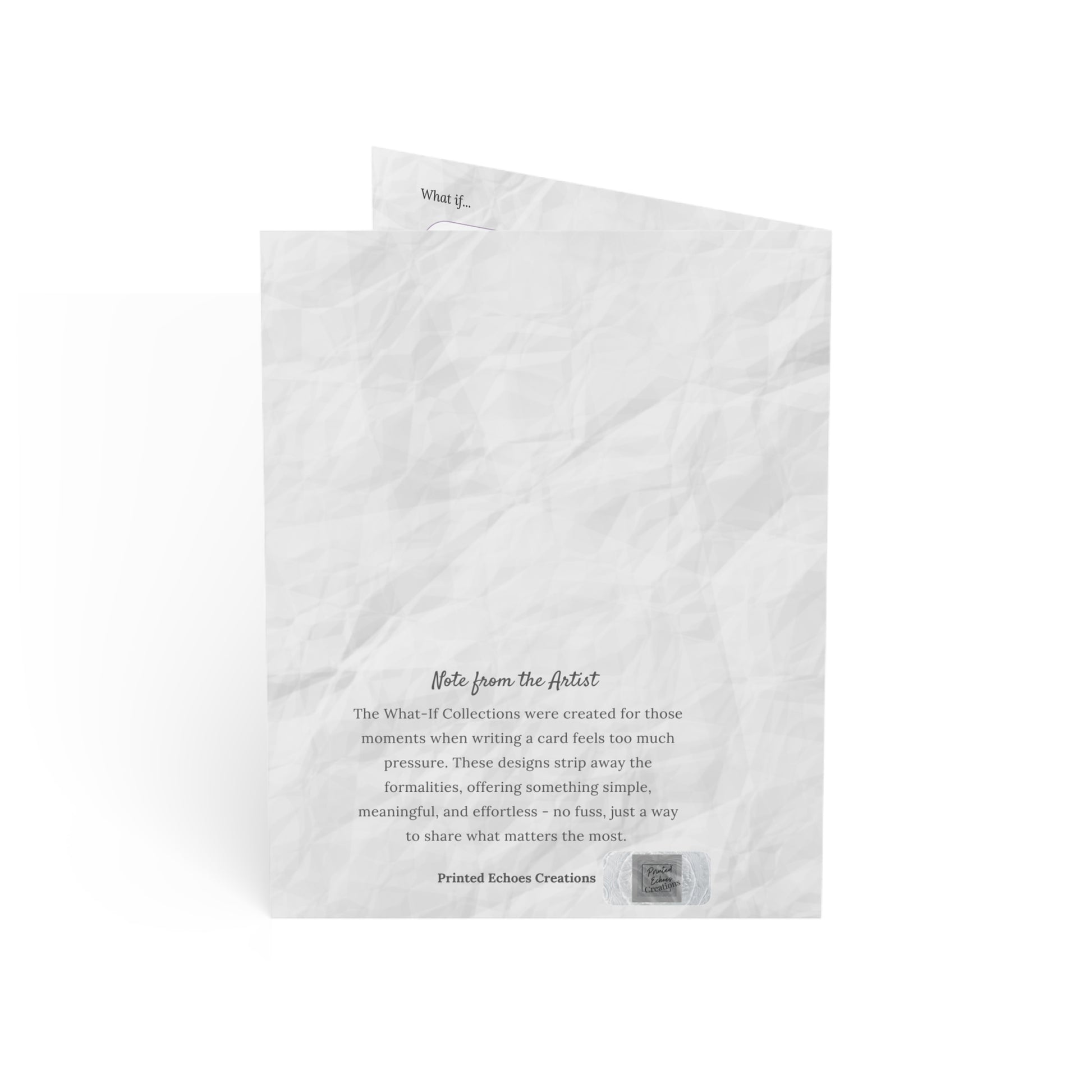 Back of the Joyeux Anniversaire card showing a “Note from the Artist” about the What-If Collection’s purpose—simple, meaningful, and effortless connection.
