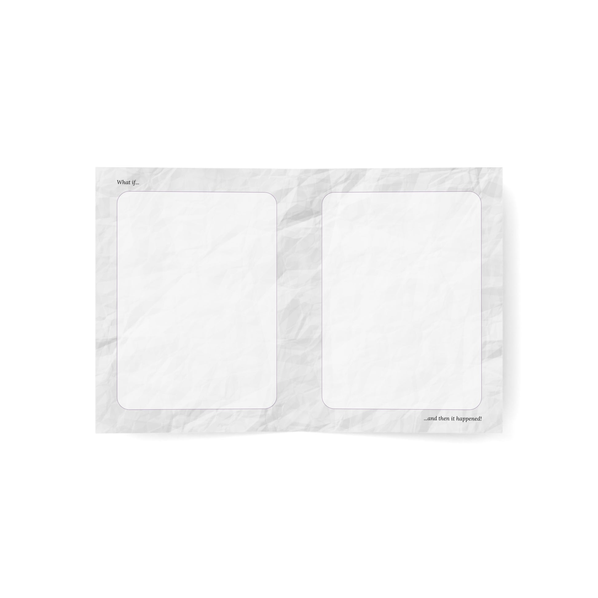 Inside of the Joyeux Anniversaire card showing “What if…” on the left and “…and then it happened” on the right, with a textured paper design.
