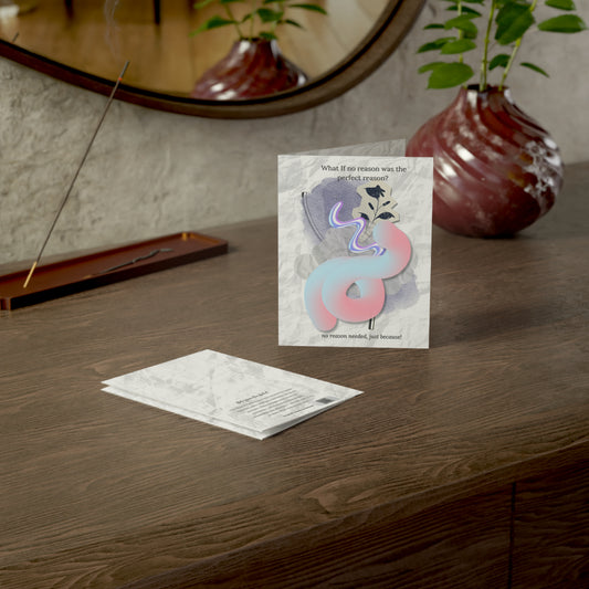 Just Because card from the What-If Collection by Printed Echoes Creations, styled on a wooden desk with a modern vase, mirror, and incense holder in soft lighting