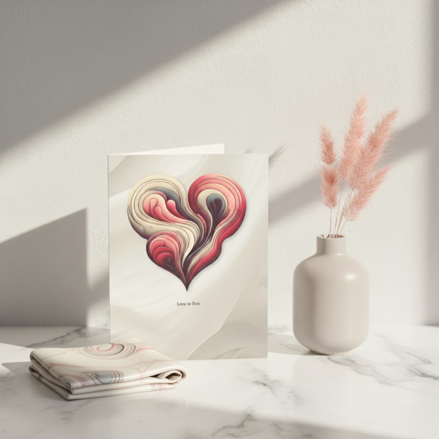 Love in Flow art card featuring a sculptural red and blush abstract heart design, styled on a marble surface with a soft vase and matching folded cloth — a modern love greeting card by Printed Echoes Creations.