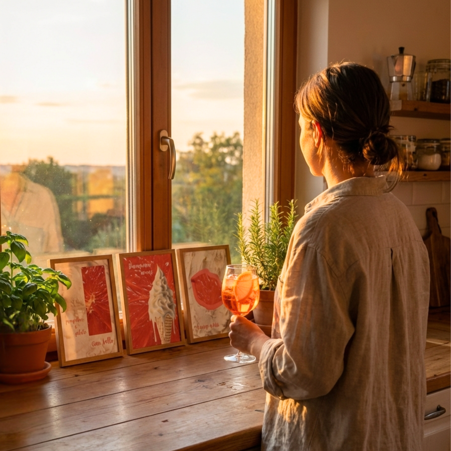 A woman in a sun-drenched Mediterranean kitchen looking out a window, enjoying a drink next to the Pomelo e Gelato bundle. The three framed Italian summer art prints - "Pomelo e Gelato", "Buongiorno, Amore", and "A scoop, a kiss" - are displayed on a warm wood countertop alongside potted herbs and rustic kitchen decor.