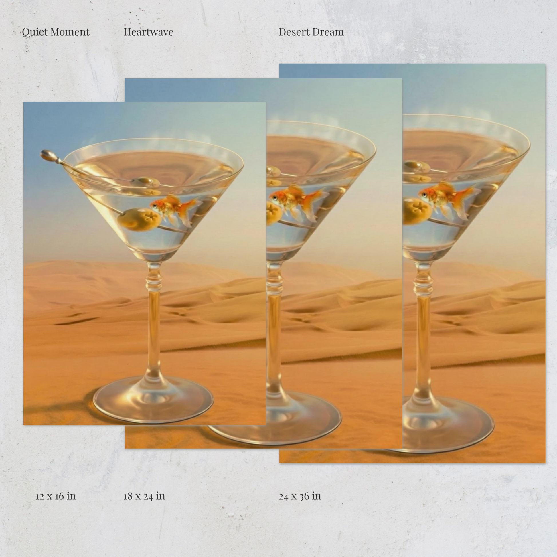 Mirage surreal desert martini art print size comparison showing small 12x16, medium 18x24, and large 24x36 poster formats