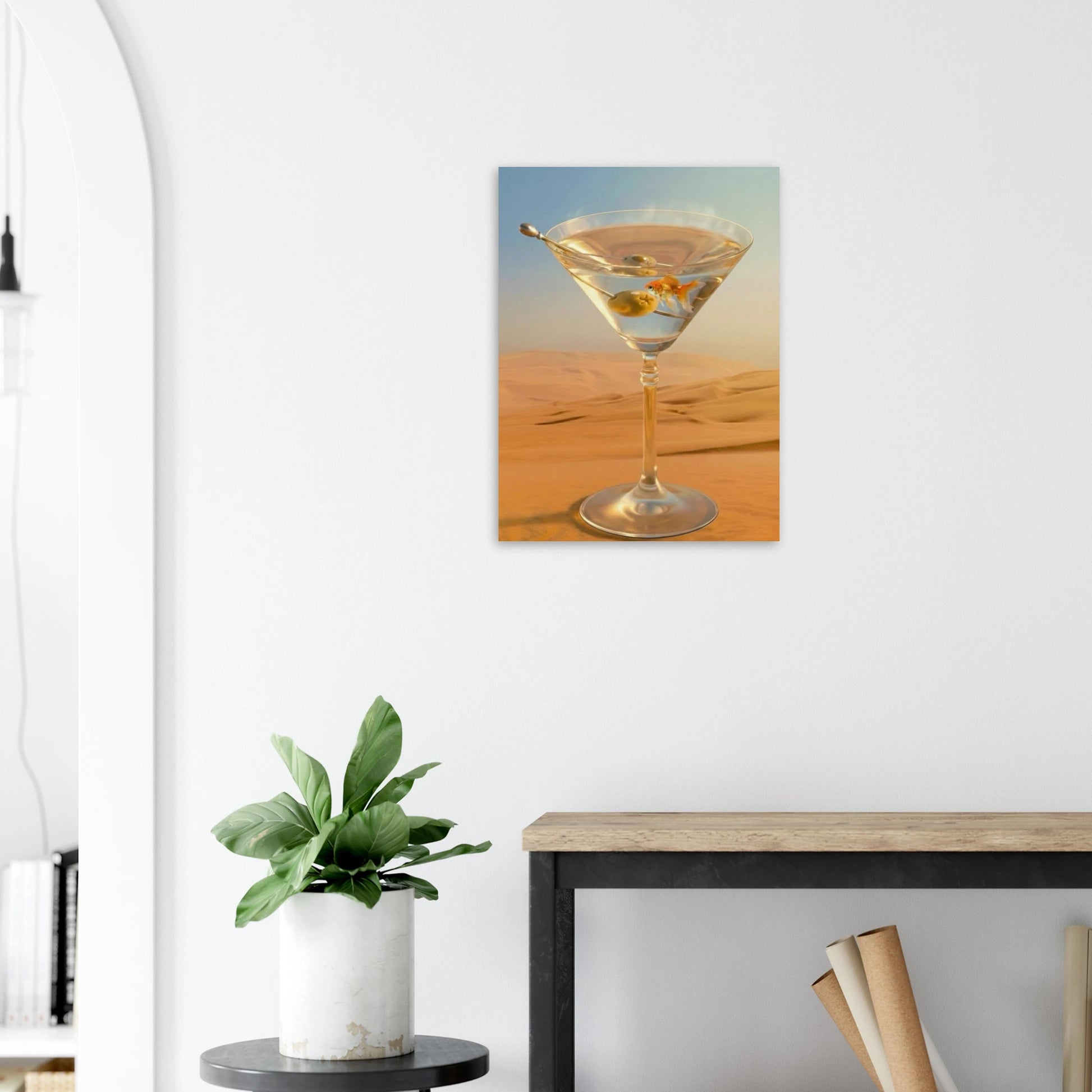 Desert-inspired surreal wall art styled with neutral decor, ceramic vase, and greenery, modern art print for living room or entryway