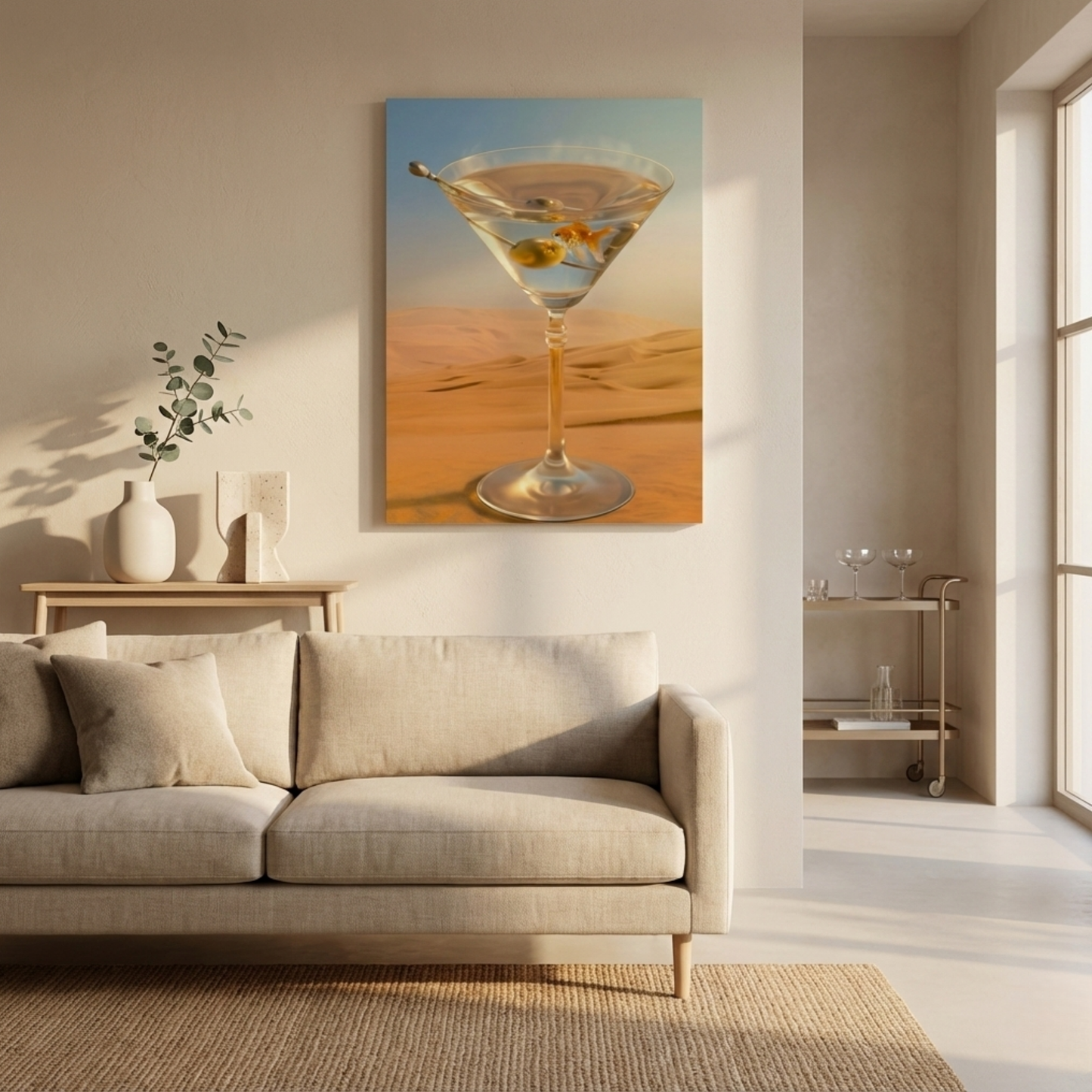 Large surreal desert martini art print displayed above a sofa, statement wall art for modern living rooms and curated interiors