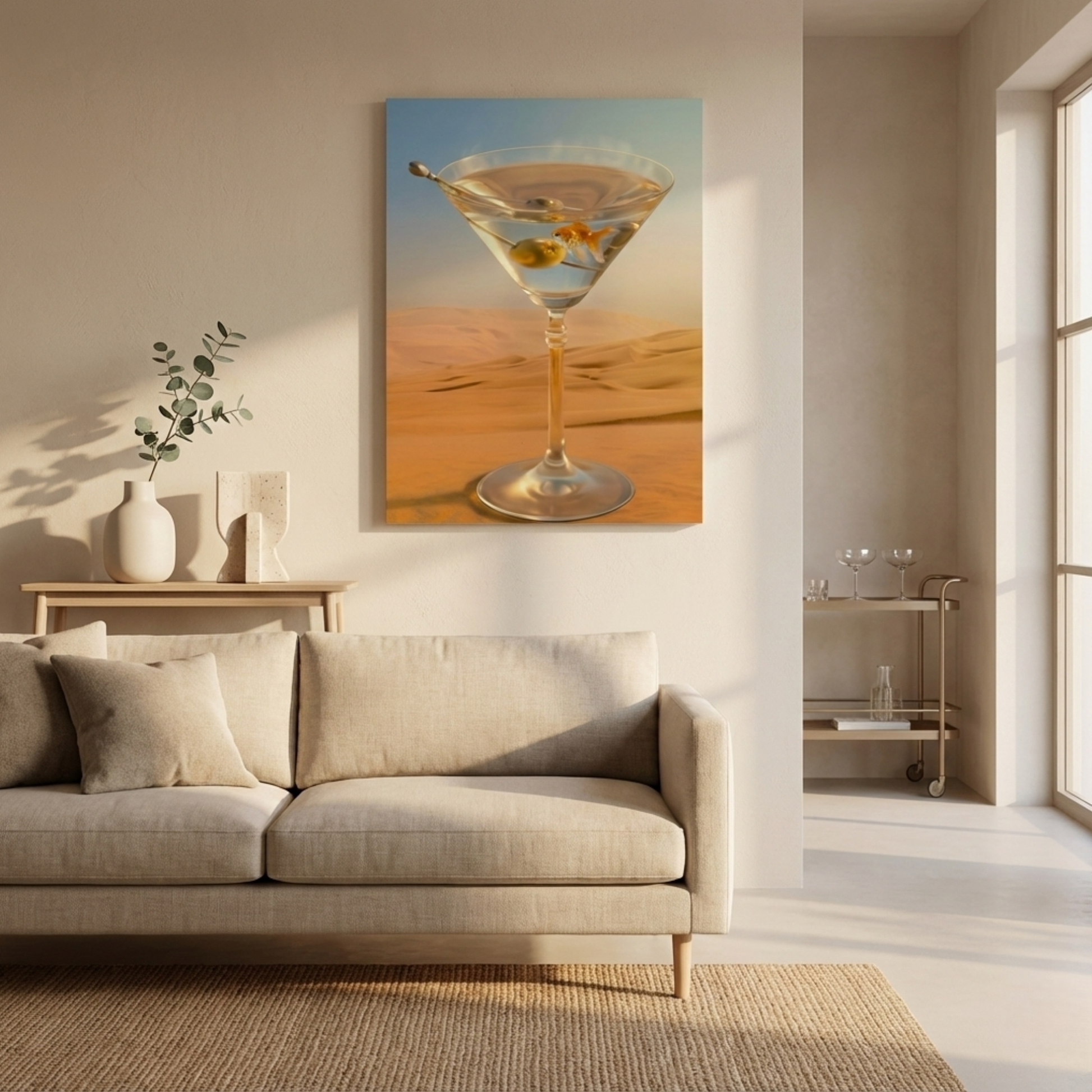 Large surreal desert martini art print displayed above a sofa, statement wall art for modern living rooms and curated interiors