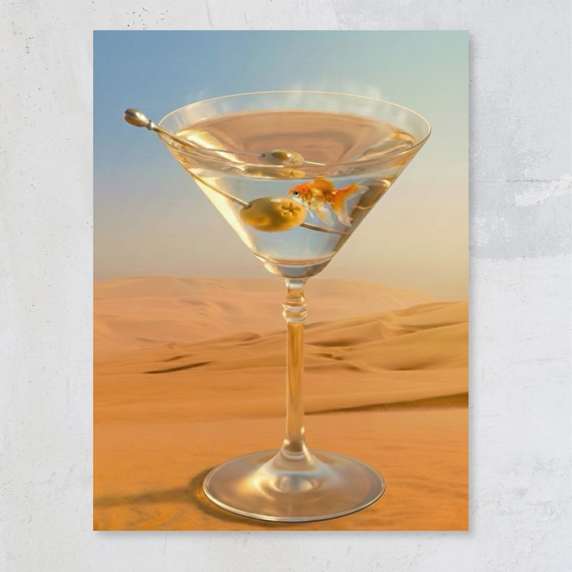 Surreal desert martini art print featuring a floating cocktail glass with olive and goldfish set against warm sand dunes, modern surreal wall art by Printed Echoes Creations
Mirage surreal desert martini art print displayed on a minimalist gallery-style wall, modern fine art poster for contemporary interiors