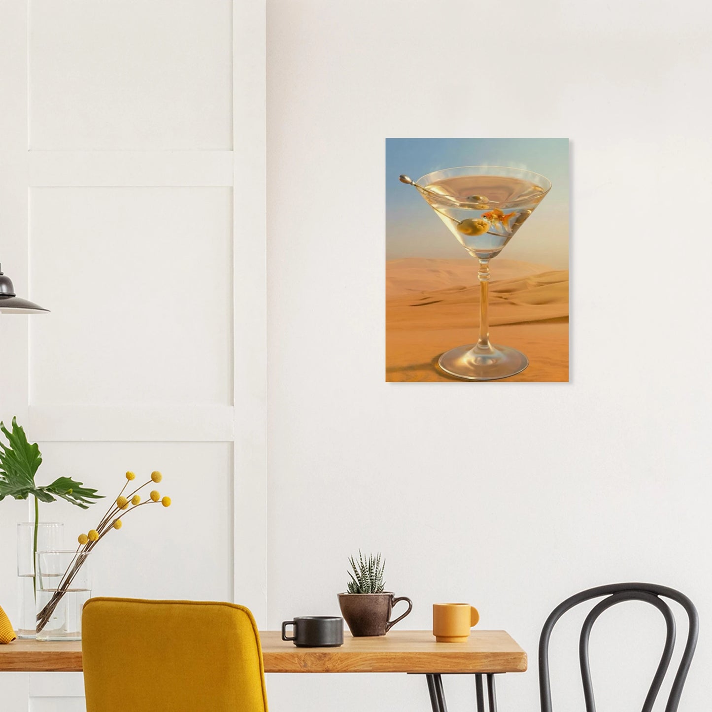 Surreal martini desert wall art styled above a wooden desk in a calm modern interior, poetic contemporary art print for home decor
