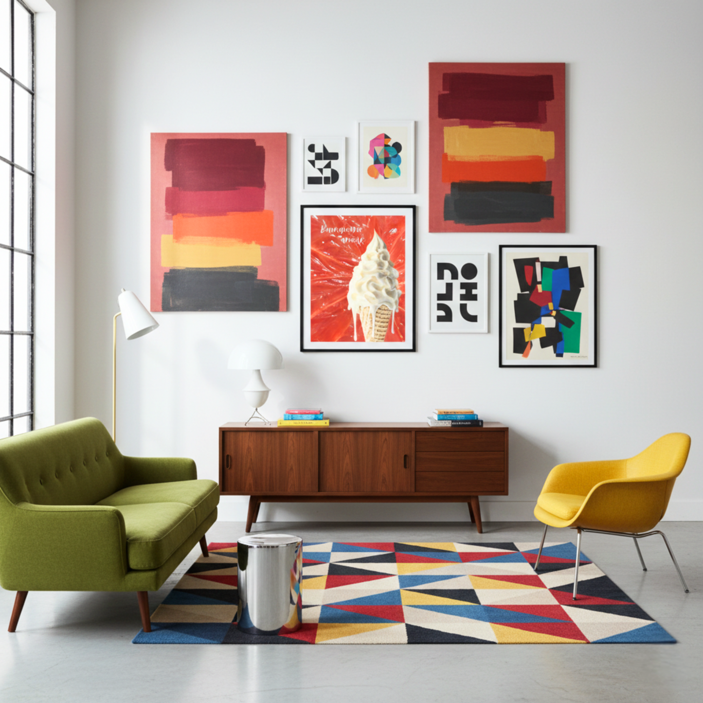 A curated modern gallery wall in a mid-century inspired living room. The 'Buongiorno, Amore' gelato print is style alongside colorful abstract wall art above a dark wood sideboard and vibrant geometric rug.
