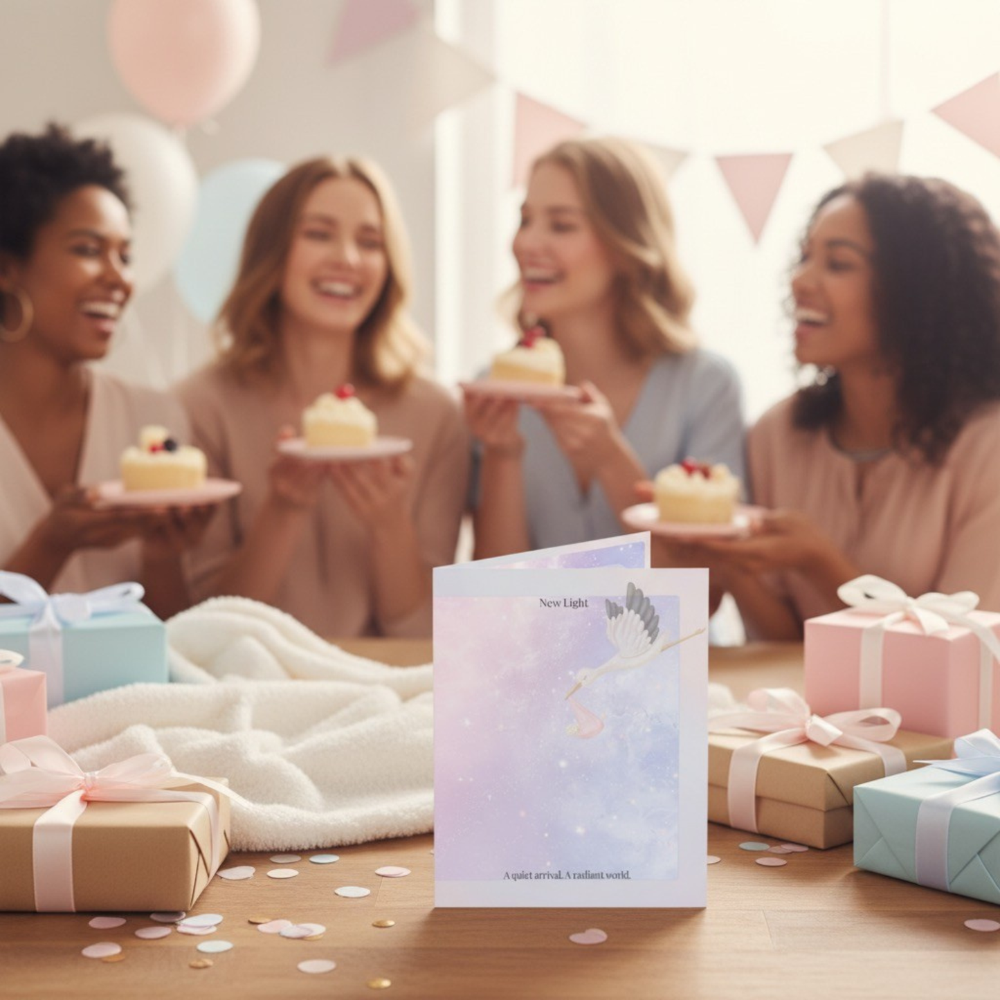 New Light baby arrival card displayed at a baby shower celebration with pastel gifts, cupcakes, and friends gathered around a table
