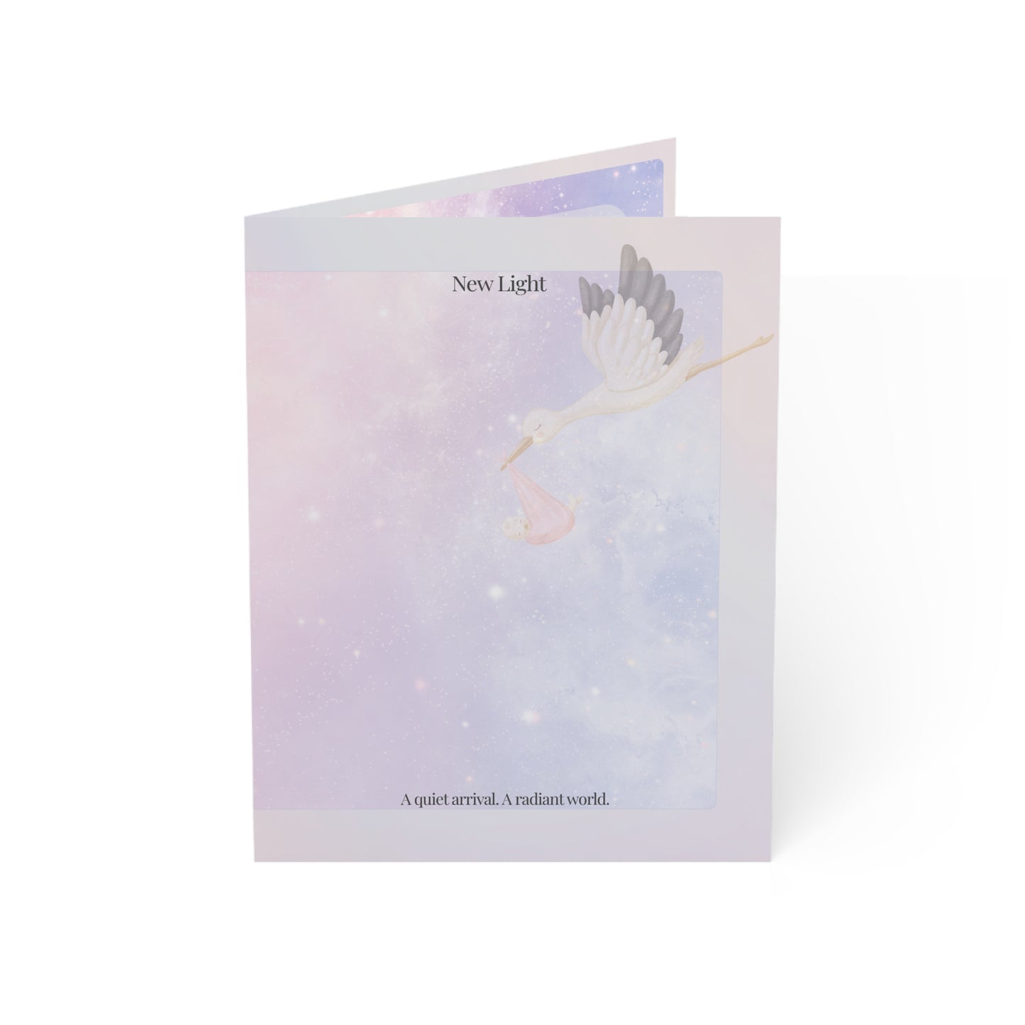 Front of the New Light baby card featuring a dreamy pastel sky, stork illustration, and poetic message—minimalist new baby greeting card by Printed Echoes Creations.