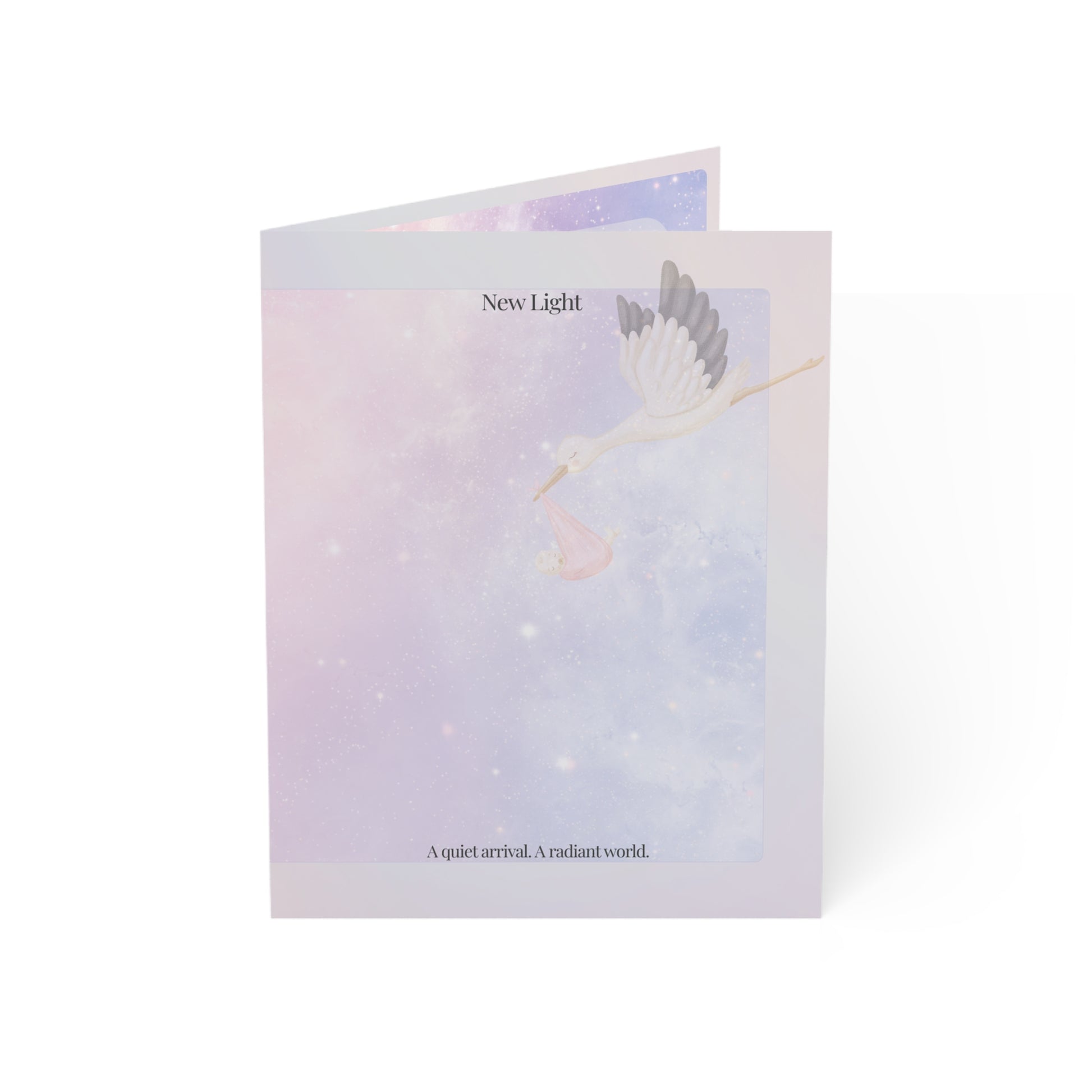 Front of the New Light baby card featuring a dreamy pastel sky, stork illustration, and poetic message—minimalist new baby greeting card by Printed Echoes Creations.