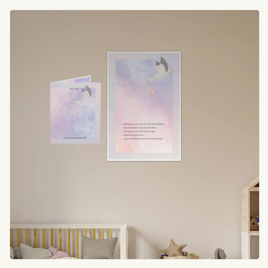 New Light art print and matching greeting card displayed in a cozy nursery setting with neutral decor, ideal baby gift bundle from Printed Echoes Creations