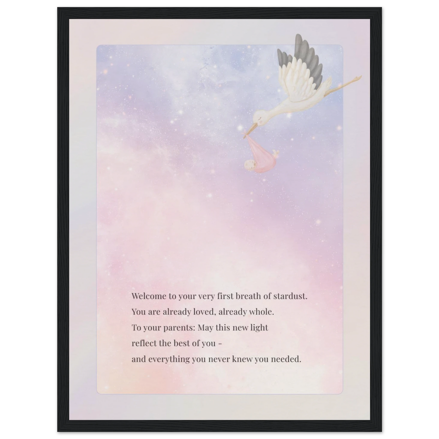 Framed New Light wall art with black frame, dreamy pastel background, a flying stork, and poetic message for baby’s arrival—modern nursery wall decor by Printed Echoes Creations.