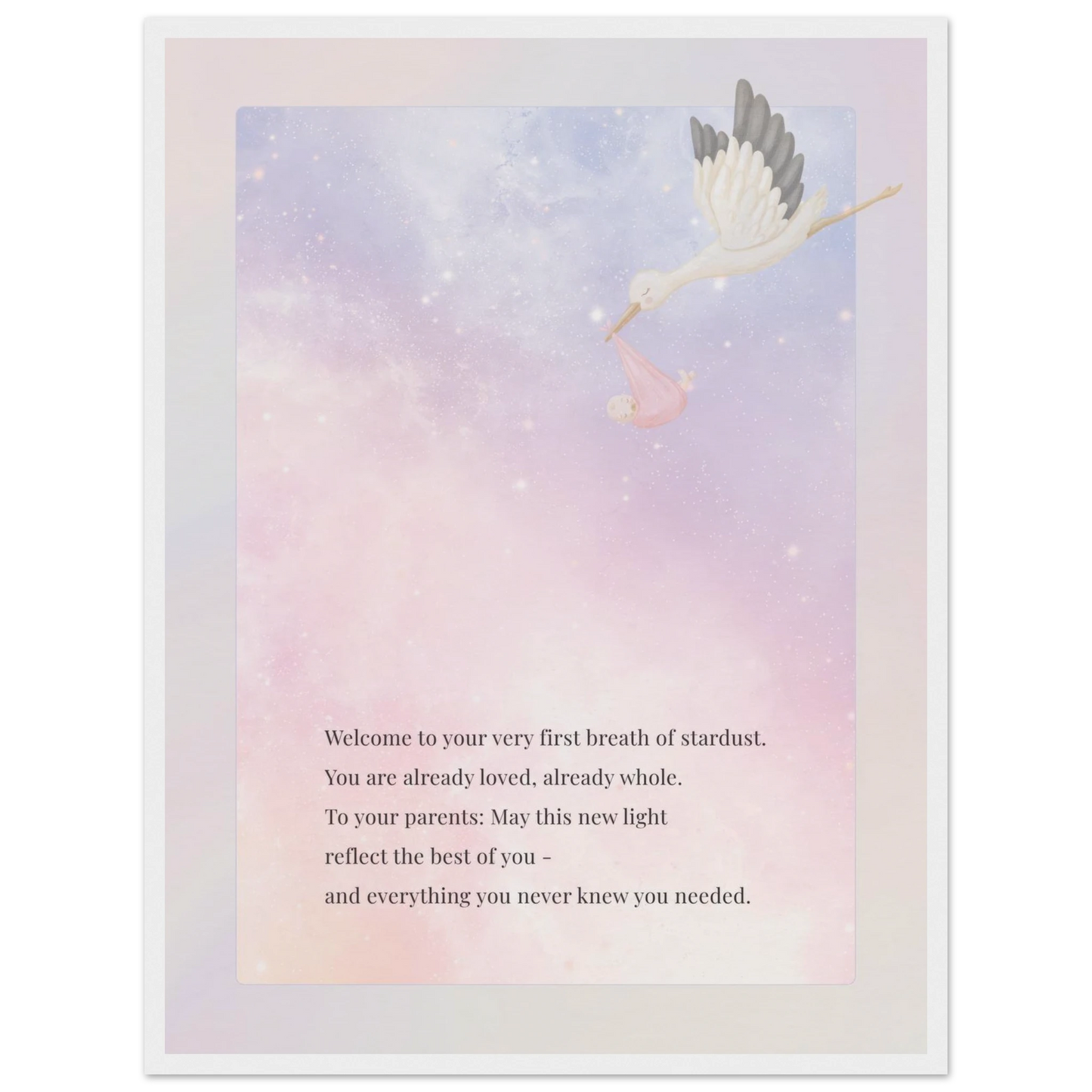 Framed New Light wall art with white frame featuring a dreamy pastel sky, flying stork, and heartfelt message for newborns and parents—ideal nursery decor by Printed Echoes Creations.
