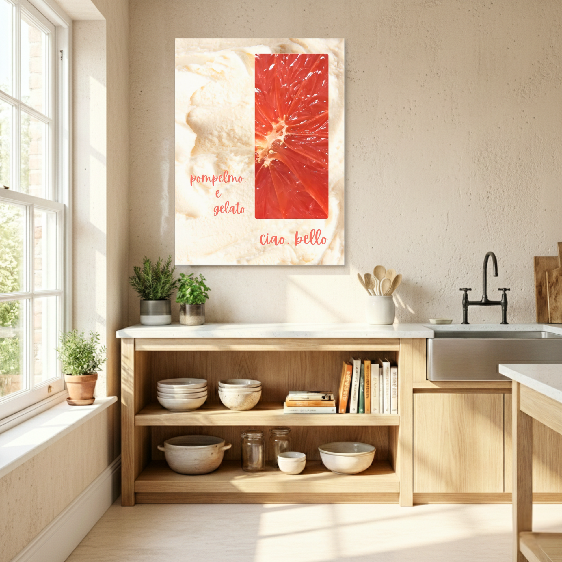 Pomelo e Gelato Italian art print displayed in a large 'Manifesto' size above a rustic wooden kitchen console. The scene features a warm Mediterranean-style kitchen with natural sunlight, neutral textures, and organic ceramic decor, showcasing aa slow-living interior aesthetic.
