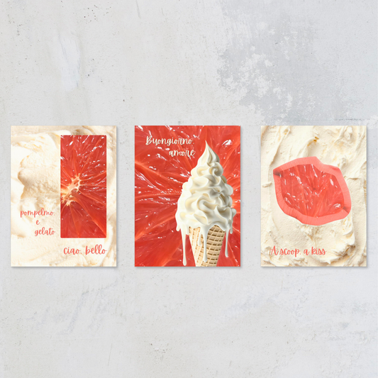 A curated trio of the Pomelo e Gelato art collection featuring three prints: "Pomelo e Gelato", "Buongiorno, Amore", and "A scoop, A kiss". Modern italian-inspired kitchen wall art in vibrant ruby red and creamy vanilla tones.