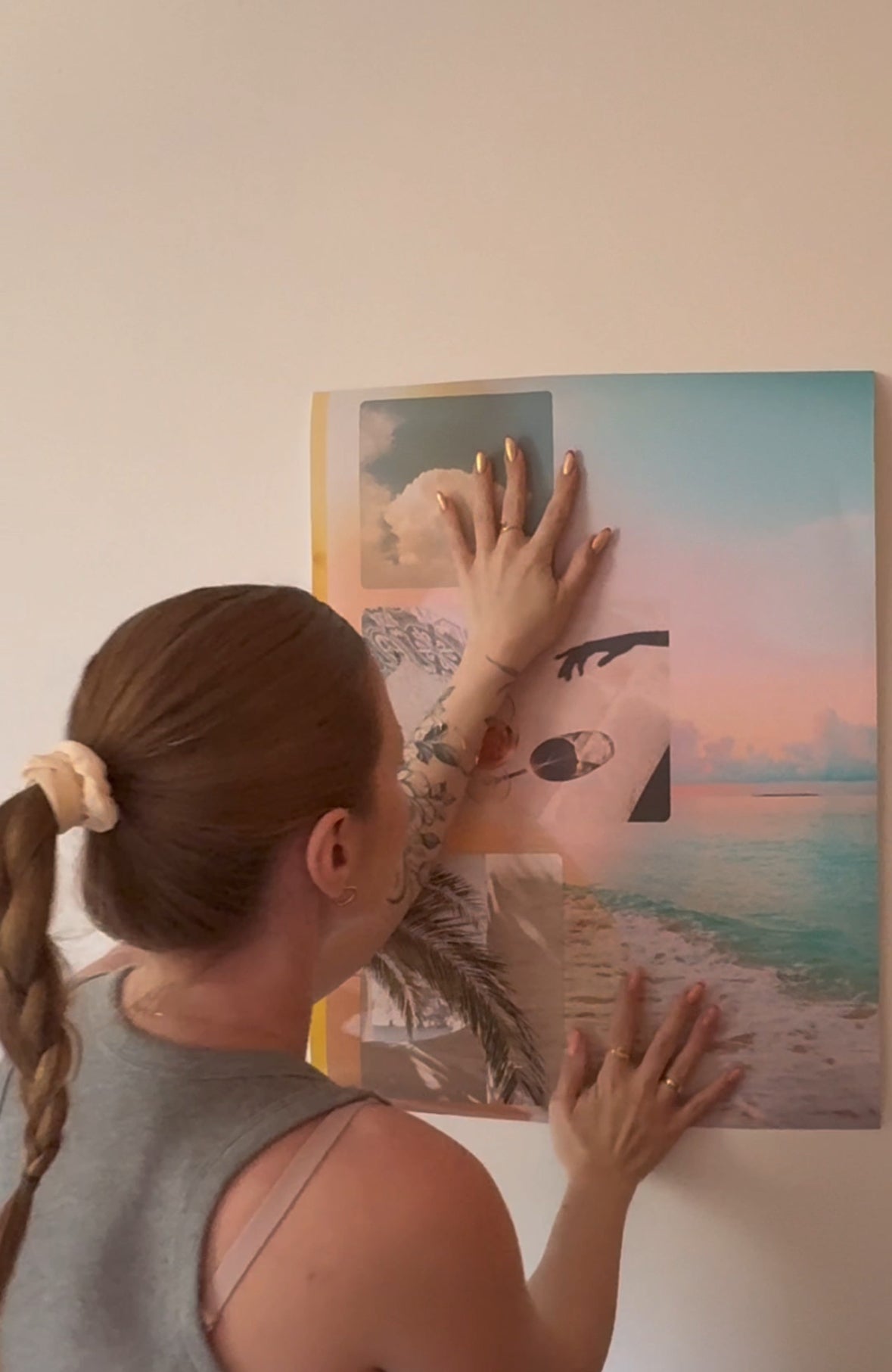Unboxing and hanging the Summer Reverie wall art in a minimalist, sunlit home office with warm tones and calming decor.
