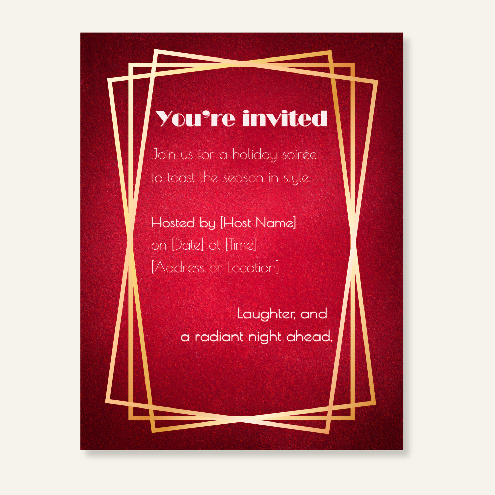 Art Deco Christmas invitation card in red and gold — personalized holiday soirée invitation with geometric frame by Printed Echoes Creations.
